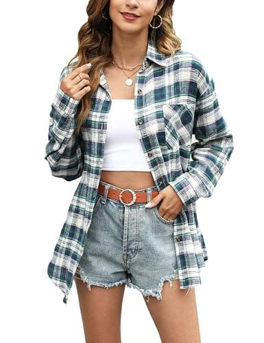 Megfie Oversized Flannel Plaid Button Down Shirt Long Sleeve Blouses - Image 1
