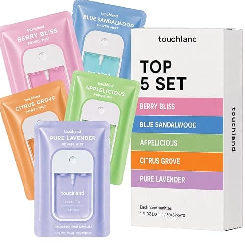 Touchland Top 5 Hydrating Hand Sanitizer Spray Set Travel Size | TSA ready Power Mist with skincare benefits. Applelicious, Berry Bliss, Blue Sandalwood, Citrus Grove and Pure Lavender - Image 1