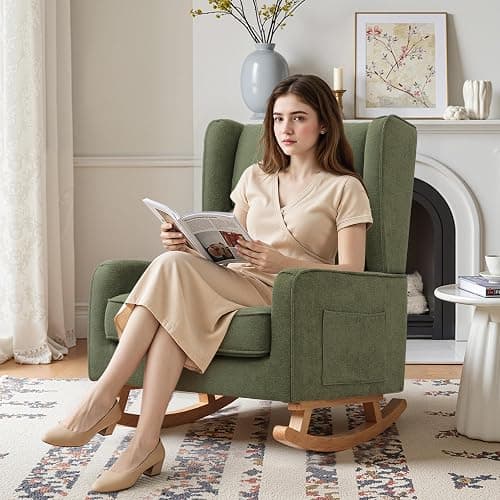 HCHAIRH Nursery Rocking Chairs, Rocking Chair Nursery for Mom Nursery Rocker with High Backrest and Solid Wood Legs, Modern Wingback Accent Rocking Chair for Reading Living Room Bedroom Green thumbnail 3
