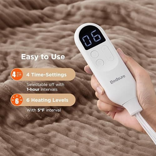Bedsure GentleSoft Heated Blanket Throw - Soft Ribbed Flannel Electric Blanket, Heating with 4 Time Settings, 6 Heat Settings, and 3 hrs Timer Auto Shut Off, Gifts for Grandma (50x60 inches, Brown) thumbnail 3