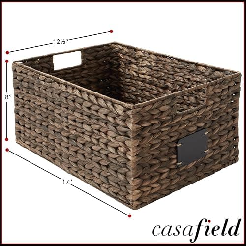 Casafield Set of 2 Water Hyacinth Pantry Baskets, 12-1/2" x 17" x 8", with Chalkboard Labels and Chalk Marker - Espresso, Woven Storage Bin Organizers for Kitchen Shelves thumbnail 3