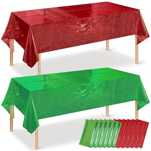 12 Pack Iridescent Red and Green Plastic Tablecloth 54x108 Inch, Holographic Laser Disposable Table Cover, Rectangle Red and Green Table Cloth for Christmas Holiday Birthday Party Decorations - Image 1