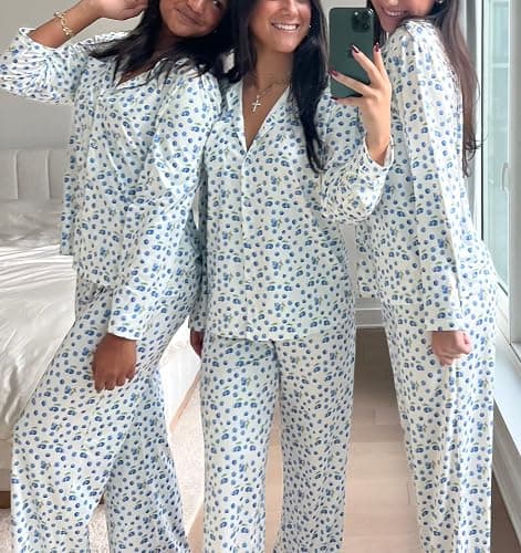 Seyurigaoka Women 2 Piece Floral Pajamas Lounge Set Y2K Long Sleeve Shirt Wide Leg Pants Sleepwear Pj Matching Sets thumbnail 2