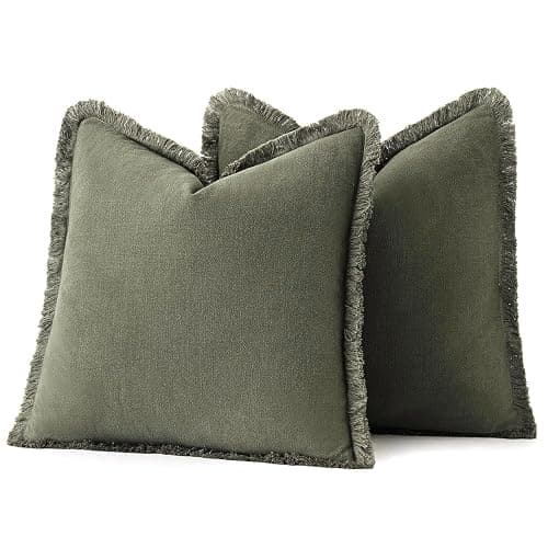 MIULEE Set of 2 Linen Throw Pillow Covers Decorative Boho Square with Tassels Farmhouse Cushion Covers Olive Green Accent Pillowcase with Fringe for Couch Sofa Bed Living Room Spring 20x20 Inch thumbnail 6