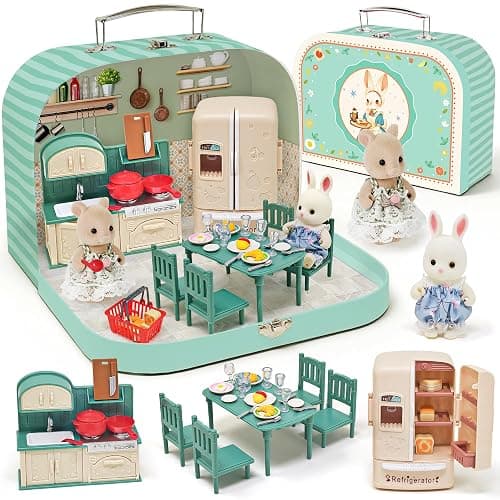 Dollhouse Kitchen Furniture Suitcase Set for Kids, 2 Flexible Dolls/Dining Tble/Kitchenware/Tableware/Refrigerator/Bread, Pretend Play Dollhouse Accessories Christmas Birthday Gift for Girls Ages 3+ - Image 1