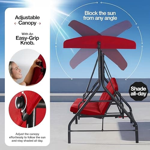 Porch Swing - 3-Seat Patio Outdoor Swing with Canopy for Adultes, Convertible Glider Bed, Thick Removable Cushions & Pillows for Backyard, Porch, Garden - Burgundy thumbnail 6