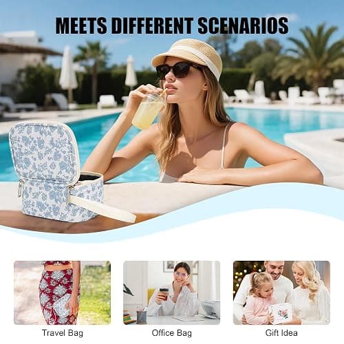 Relavel Mini Makeup Bag with Led Mirror, Small Floral Cosmetic Bag with 3 Light Modes, Rechargeable Portable Makeup Pouch with Hands-Free Wrist Strap for Pool Parties丨Work Touch-Ups丨Travel thumbnail 6