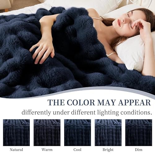 Faux Rabbit Fur Throw Blanket for Couch, Fluffy Warm Plush Thick Bubble Blanket for Bed Sofa Living Room, Soft Cozy Furry Blanket, 50x60 inches, Navy Blue thumbnail 8