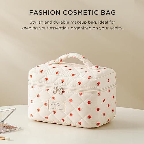 HBselect Large Quilted Makeup Bag for Women Cute Cotton Travel Cosmetic Bag | Floral Coquette Aesthetic Toiletry Organizer Bag with Handle, Portable Multifunctional Makeup Bag, Gifts for Bridesmaids thumbnail 3