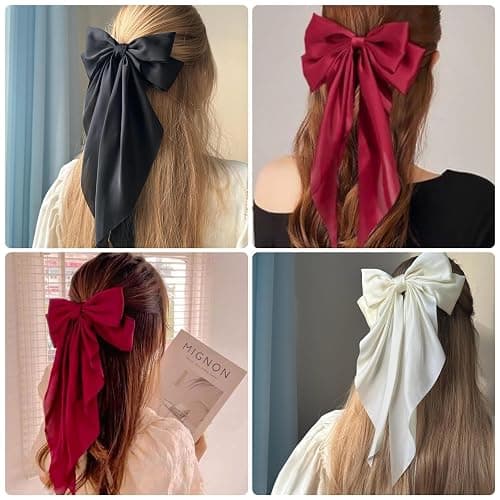 Hair Bows for Women - 3 Pcs Large Ribbon Hair Clips with Long Tail Tassels, Big Hair Barrettes for Girls (Black, Red, Beige) thumbnail 2