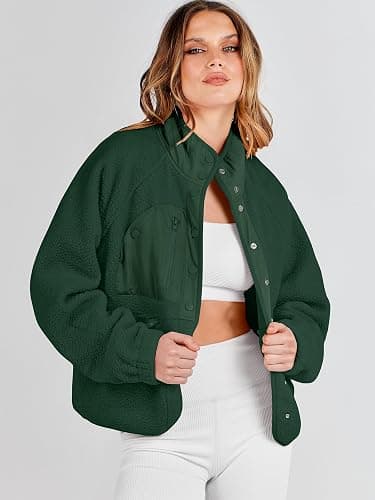 ANRABESS Womens Fuzzy Fleece Jacket Fall Casual Long Sleeve Cropped Sherpa Button Down Shacket Coats Outwear With Pockets thumbnail 2