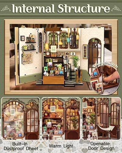 CUTEBEE DIY Book Nook Kit, Miniature House Kits for Adult and Teens, DIY Miniature Book Nook kit with Sensor Led Light, Gifts for Lovers and Family (Gallery Bookstore) thumbnail 5