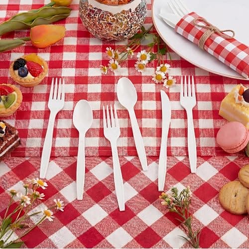 Lanties 200 Pcs BBQ Party Supplies Red White Gingham Biodegradable Disposable Tableware Set for 50 Guests Knives Spoon Fork Paper Napkins for BBQ Baby Shower Birthday Wedding thumbnail 6