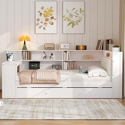 Merax Multifunctional Twin Size Daybed with Trundle, Built-in Desk, Wood Corner Bed with 8 Storage Shelves, Charging Station, and Upholstered Headboard, Beige + White thumbnail 8