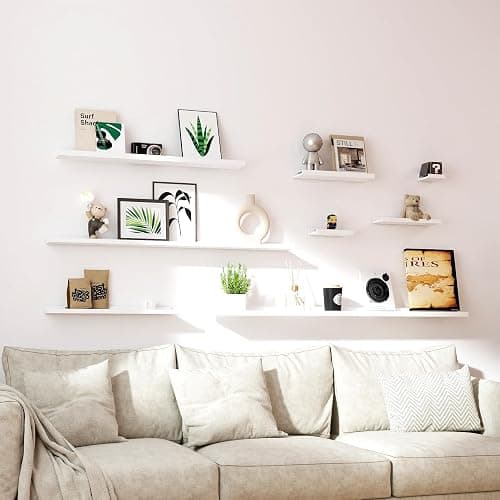 Solrot White Floating Shelves for Wall Decor, Wall Mounted Wood Storage Shelf for Bedroom, Living Room, Bathroom, Kitchen, Nursery, Display Picture Ledge Shelf with Lip Set of 2-14 Inches, White thumbnail 7