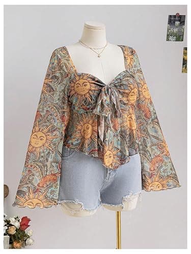 Floerns Women's Plus Size Vintage Flare Sleeve Shirts Tie Front Sweetheart Neck Hanky Hem Blouse Tops thumbnail 3