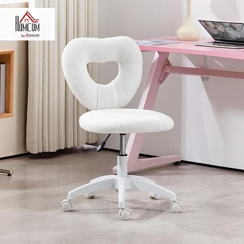 HOMCOM Armless Office Desk Chair, Height Adjustable Computer Task Chair, Modern Teddy Fleece Makeup Vanity Chair with Swivel Wheels, White thumbnail 2