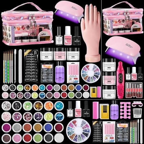 Nail Kit for Beginners with Everything: Practice Nail Hand Acrylic Set Professional Powder Liquid Starter Kits with Drill U/V Lamp in Cosmetic Gift Bag for Salon Home (Pink) - Image 1