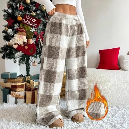 Pajama Pants Womens Fuzzy Plaid Pants Elastic Waist Wide Leg Fleece Bottoms Winter Soft Comfortable Lounge Pants thumbnail 3