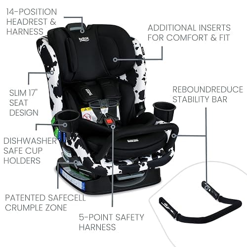 Britax Poplar S Convertible Car Seat, 2-in-1 Car Seat Extended Rear Facing, 17” Slim Car Seat Design with Fast & Easy ClickTight Installation, Anti-Rebound Bar & SafeWash Fabrics — Cowmooflage thumbnail 5