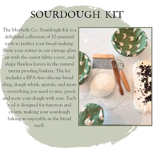 Chicken 10 Piece Sourdough Kit | Vintage Jar | Bannetons Proofing | Custom Cute Jar and Cover | Dough Whisk | Wood Dough Scraper Cutter | Bread Lame | Silicone Spatula thumbnail 4