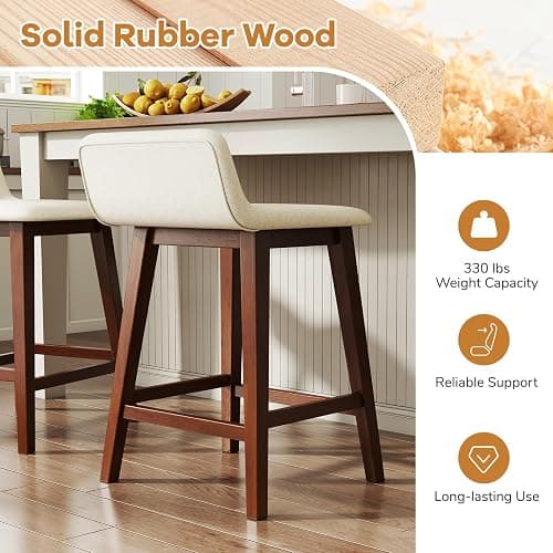 Giantex 24" Bar Stools Set of 4, Upholstered Counter Height Barstools with Low Back, Footrest, Armless Wood Bar Chairs for Kitchen Island, Dining Room, Brown & Beige thumbnail 7