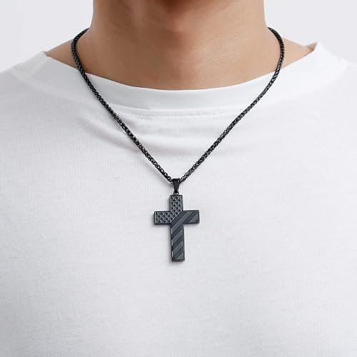 DuoDiner Stocking Stuffers Christmas Gift-18+2 Inch Cross Necklace Bible Verse Stainless Steel American Flag Pendant Chain for Men Boys Cross Jewelry Gift thumbnail 2