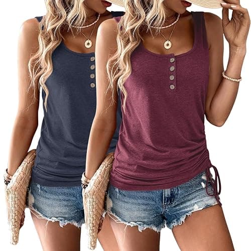 Womens Tank Tops, 2 Pack Summer Tank Tops for Women 2026, Sleeveless U Neck Loose Button Casual Henley Tops Shirts - Image 1
