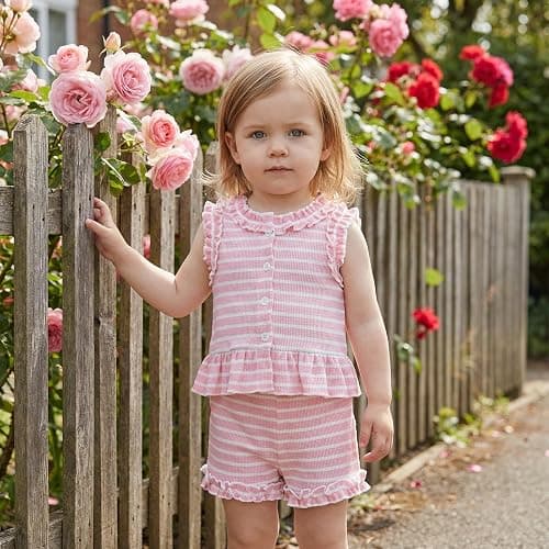 WZTYYDS Toddler Baby Girl Summer Outfit Tank Tops Ruffle Shorts Set | Waffle Knit, Striped, Sleeveless Button Down Shirt, Sweet 2 Pieces Clothes, 6M, 12M, 18M, 24M, 2T, 3T, 4T, Little Kids, Soft thumbnail 2