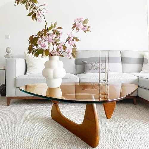 Triangle Coffee Table in Walnut Mid Century Modern Solid Wood Base and Triangle Clear Glass Coffee Table for Living Room Low Minimalist Tea Table Coffee Tables (32.3 * 22.4 * 16, Walnut Teal) thumbnail 6
