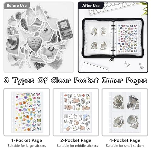 Ruatu Sticker Storage Organizer Binder A5 Sticker Collecting Book Reusable Zipper Album with Clear Laser Star Cover and Pocket Pages (Black) thumbnail 4
