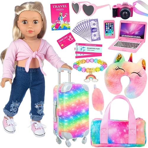 K.T. Fancy 23 PCS American 18 Inch Doll Accessories Suitcase Luggage Travel Set - Rainbow Suitcase Rainbow Bag Camera Computer Cell Phone Neck Pillow Eye Mask Glasses Gift for Christmas (NO Doll) - Image 1