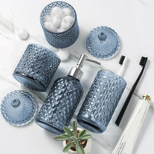 RYTOXILO Blue Bathroom Accessories Set, 4 Pack Light Blue Bathroom Decor Accessory Sets Complete, Diamond Glass Soap Dispenser and Toothbrush Holder Set for Bath Counter Organizer Essentials thumbnail 7