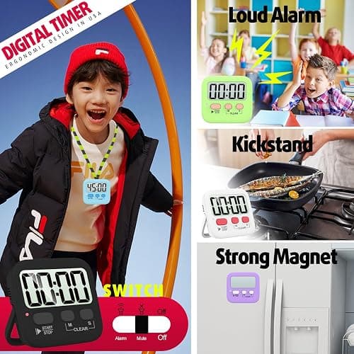 Antonki 2 Pack Digital Timer for Kids, Magnetic Countdown Kitchen Timers for Cooking, Egg, Classroom, Teacher, Exercise, Study, Oven - Battery Included - Senior Black thumbnail 4