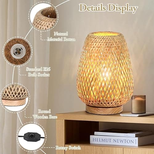 Rattan Table Lamp, Stepless Dimmable Small Beside Lamp, Vintage Wicker Wooden Nightstand Boho Bamboo Woven End Table Lamps for Bedroom Living Room Desk Kids Room, 2700K T45 LED Bulb Included thumbnail 4