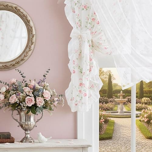 ZJDECOR Vintage Floral Curtains with Lace Sheer Overlay 84 Inch,Pink Flower on White Not-See-Through Sheer Drapes Lace Ruffle Edge,Shabby Chic Window Treatment for Bedroom Living Room,Rod Pocket,Pink thumbnail 3