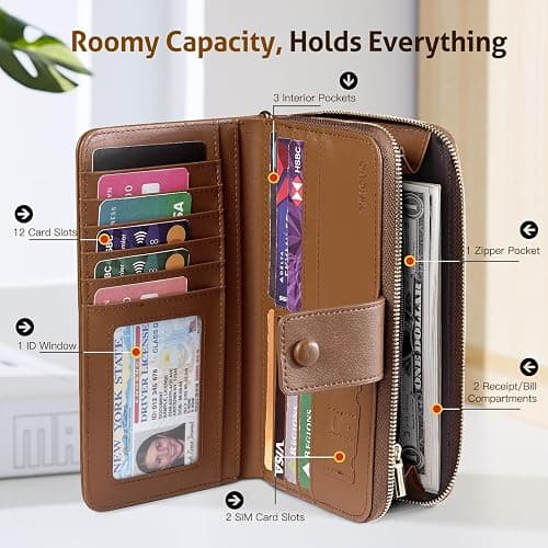 TiMOVO Leather Wallet for Women with RFID Blocking, Holds 12 Cards, Wrist Strap, Large Capacity Travel Purse, Beige + Brown thumbnail 6