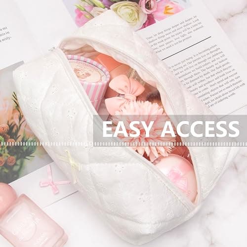 PAZIMIIK Cozy Makeup Bag Travel Cosmetic Bag for Women Soft Toiletry Bag Aesthetic Makeup Organizer Portable Large Zipper Pouch for Skincare Beauty Accessories Brushes Embroidery White thumbnail 4