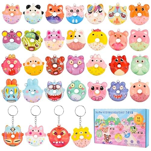 GOLDGE 32 Pcs Squishy Donut Keychains (Not Attached) - Colorful Party Favors, Goodie Bag, Pinata Stuffers, Classroom, Carnival Prizes, Treasure Box Toys for Kids (32 Pcs Squishy Donut Keychains) - Image 1