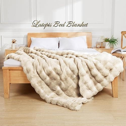 Latepis Soft Luxury Faux Fur Bubble Blanket, Thick Warm Cozy Throw Blanket for Couch, Plush Fluffy Blanket for Sofa and Bedroom Women Gift, 50” x 60”, Tie-dye Camel, 860GSM thumbnail 2