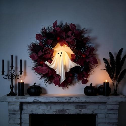 HipTree 20 Inch Lighted Ghost Halloween Wreath for Front Door | Spooky Ghost Wreath With Red Black Roses & Berries. Warm LED Light For Indoor Outdoor Porch, Window & Haunted House Decor - Image 1