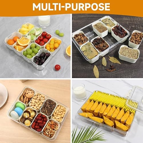 Yuroochii Snackle Box Container, Portable Snack Box 8 Compartment Divided Serving Tray with Lid & Handle, Clear Snack Charcuterie Platter for Travel Candy Party Fruit Salad (White) thumbnail 7