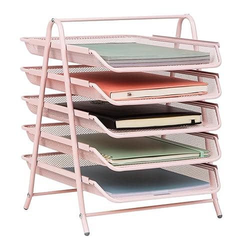 Mind Reader 5-Tier Paper Tray Organizer, Vertical Desktop File Storage Rack, Office, Metal Mesh, Pink - Image 1