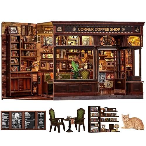 Fsolis Book Nook Kit - 3D Wooden Puzzles for Adults (Corner Coffee Shop) | Tiny Cafe House Bookshelf Diorama Booknook Bookstore Mini Building Kit Gifts for Women - Image 1