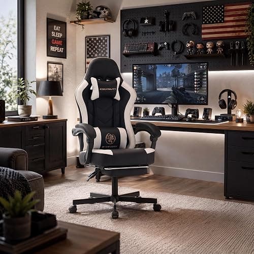Kslysuty Desk Computer Gaming Chair - High Back Ergonomic Office Chair with Footrest and Lumbar Support, Swivel Comfy Home Gamer Video Game Chairs with Pocket Spring Cushion for Adults (White Leather) thumbnail 2