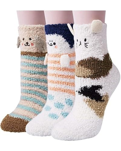 Loritta 3 Pairs Womens Fuzzy Socks Winter Warm Fluffy Soft Slipper Home Sleeping Cute Animal Socks - Image 1