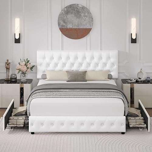 Full Size Bed Frame with 4 Storage Drawers and Adjustable Headboard, Upholstered Faux Leather Platform Bed with Button Tufted Design, Strong Wooden Slats Support, No Box Spring Needed, White thumbnail 3