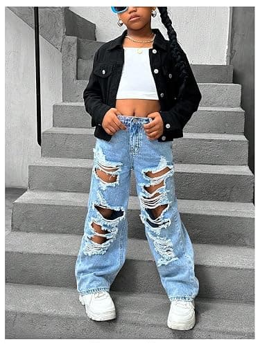 Floerns Girl's Distressed Jeans Baggy Wide Straight Leg Y2k Ripped Denim Pants thumbnail 5