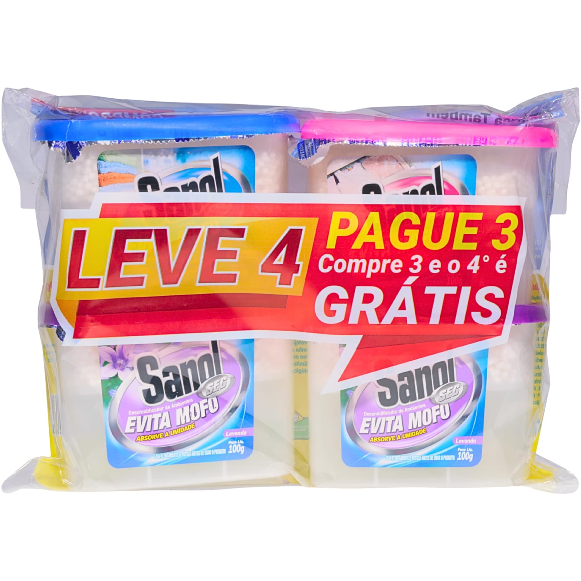 Evita Mofo Absorventes de Umidade (desumidificador), Leve 4 Pague 3 - 1 Neutro / 2 Lavanda / 1 Baby, Sanol, 4 X 100g, Colorido - Image 1