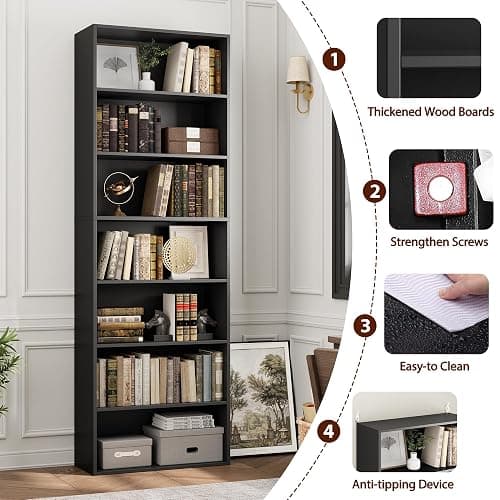 FACBOTALL 82" Tall Bookshelf Black Bookcase, 7-Tier Open Display Shelves | Extra Tall Bookcase with Storage, Floor to Ceiling Bookshelves, Narrow Bookshelf Home Decor Furniture for Office, Living Room thumbnail 6